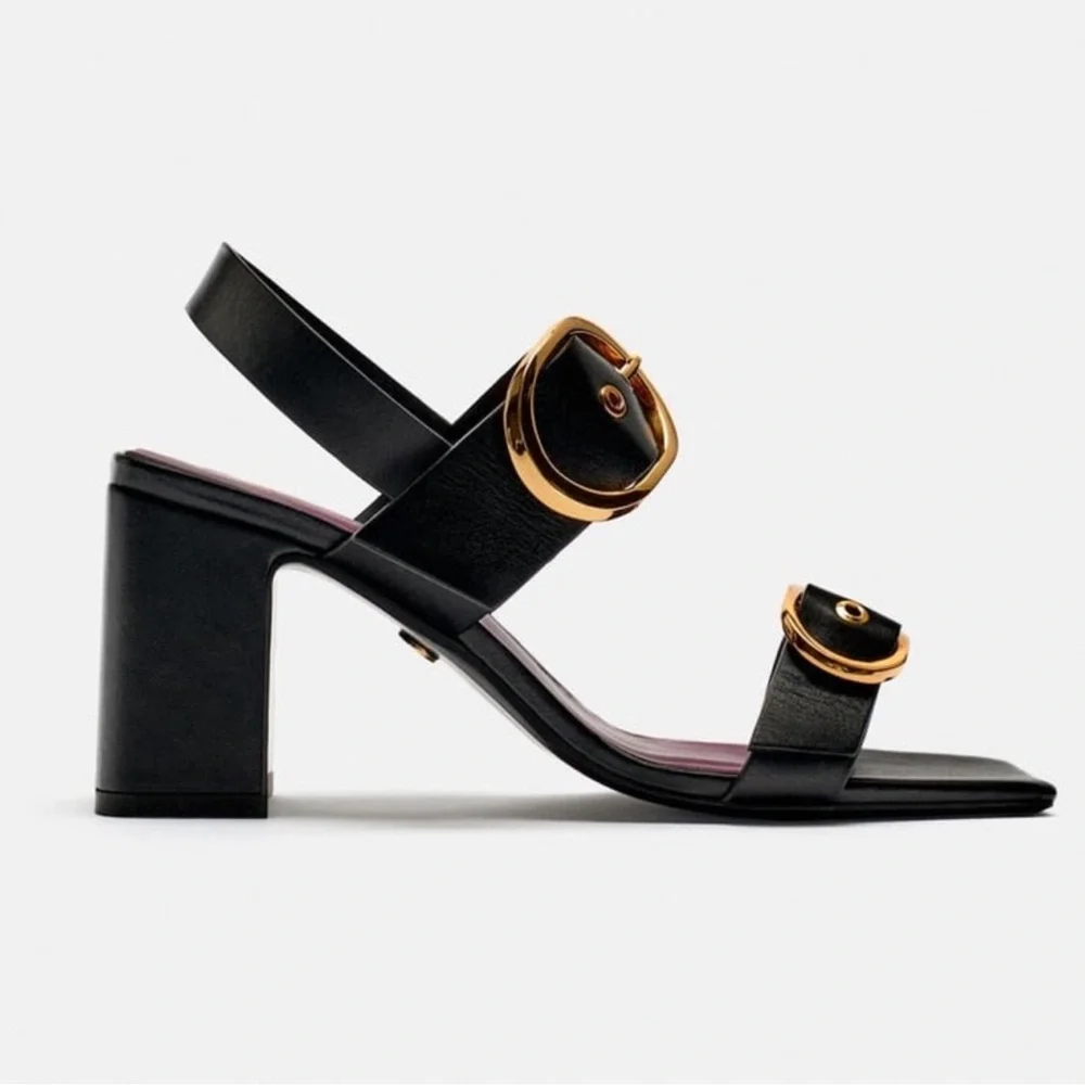Zara Black Leather Block Heel Buckled Sandals. Size 8 - Picture 1 of 15